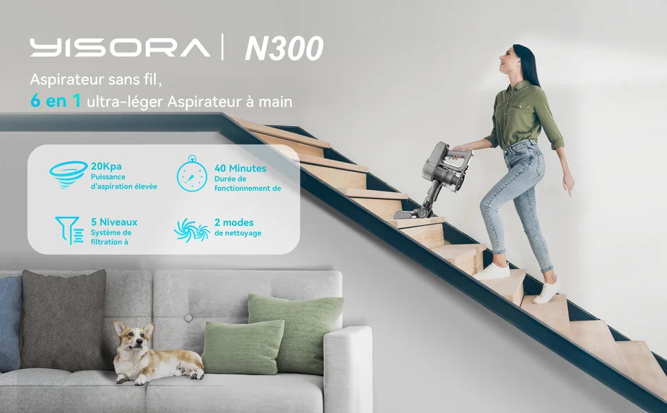 Aspiradora vertical inalámbrica YISORA N300, ultraligera, de 20 kPa, para alfombras, suelos duros, coche y pelo de mascotas.
