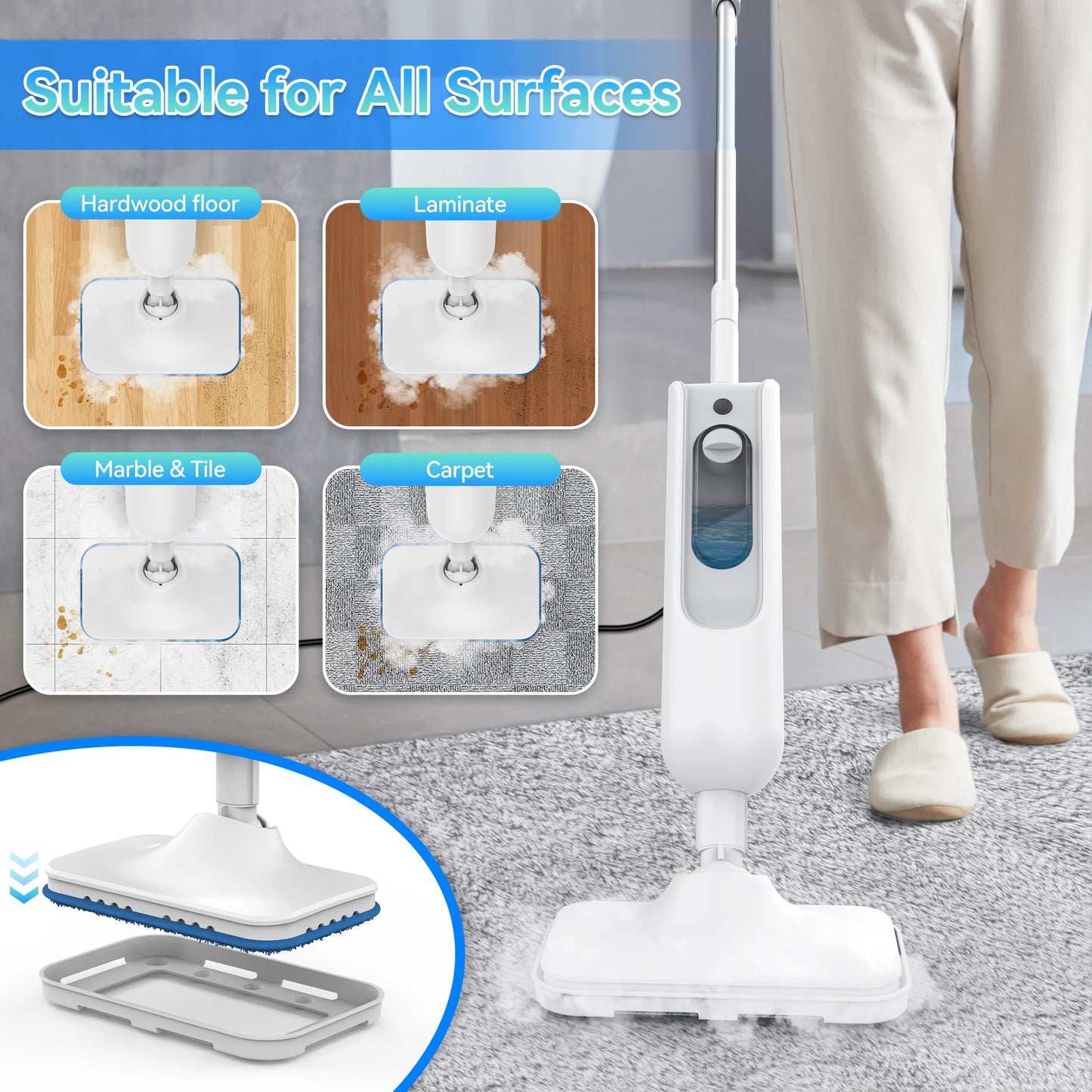 Balai vapeur puissant INSE F2 – Nettoyage haute température, réservoir de 360 ​​ml, aspirateur portatif amovible