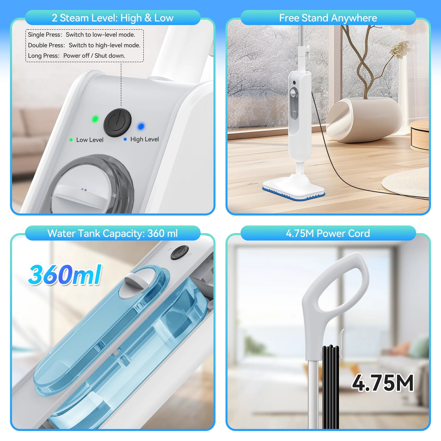 Balai vapeur puissant INSE F2 – Nettoyage haute température, réservoir de 360 ​​ml, aspirateur portatif amovible